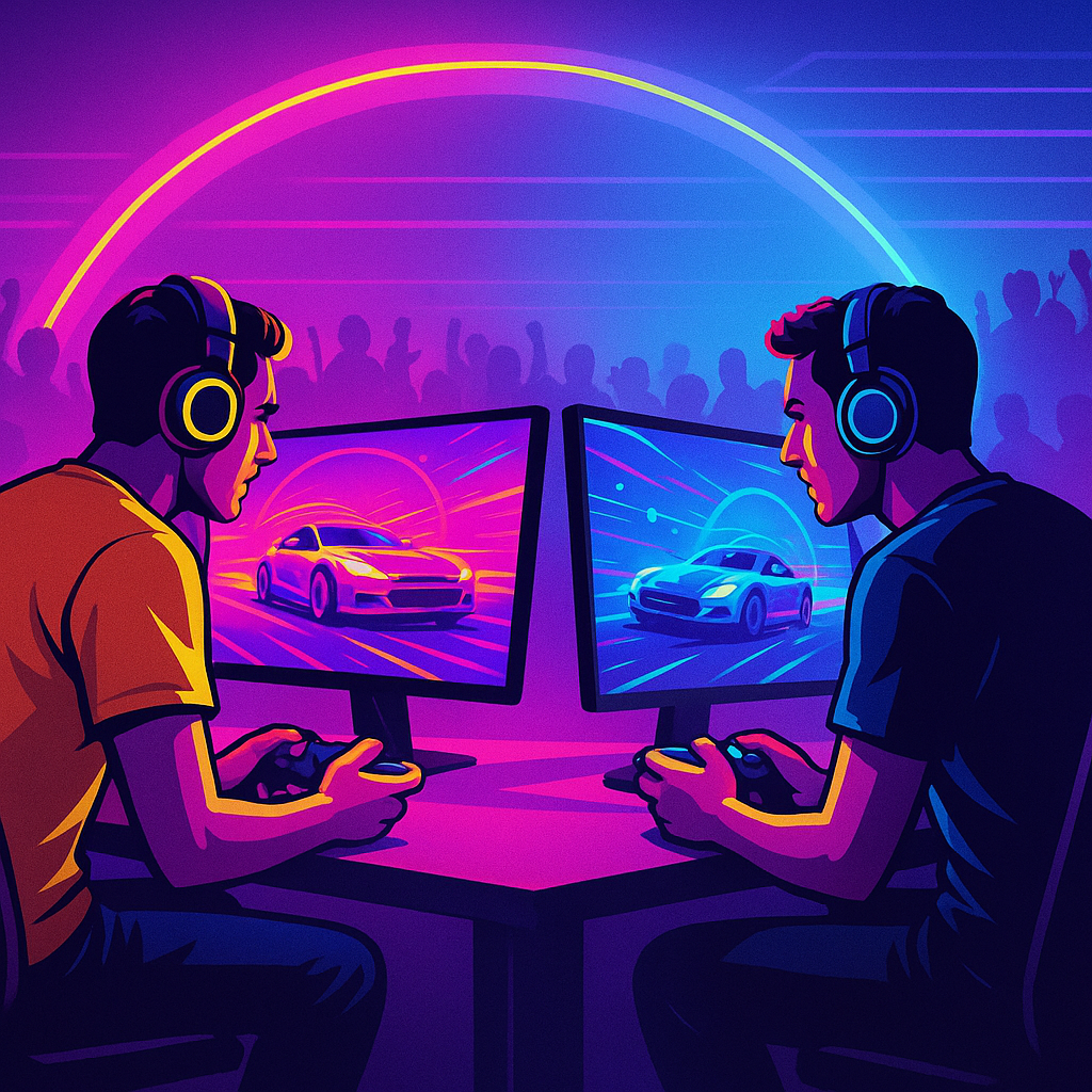 Action shot: two players racing in a neon arena